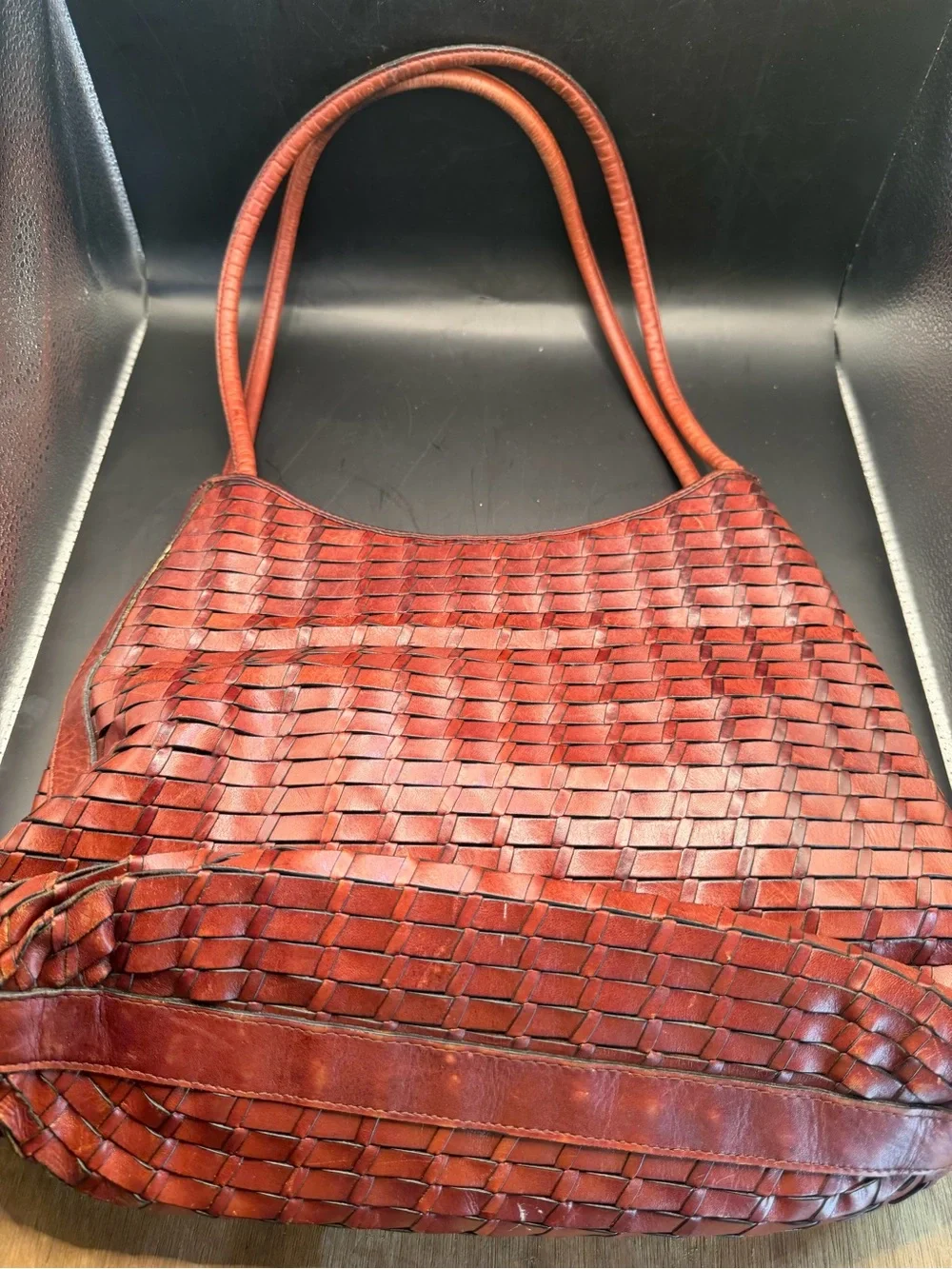Fossil Woven Brown Leather Shoulder Bag Handbag Purse